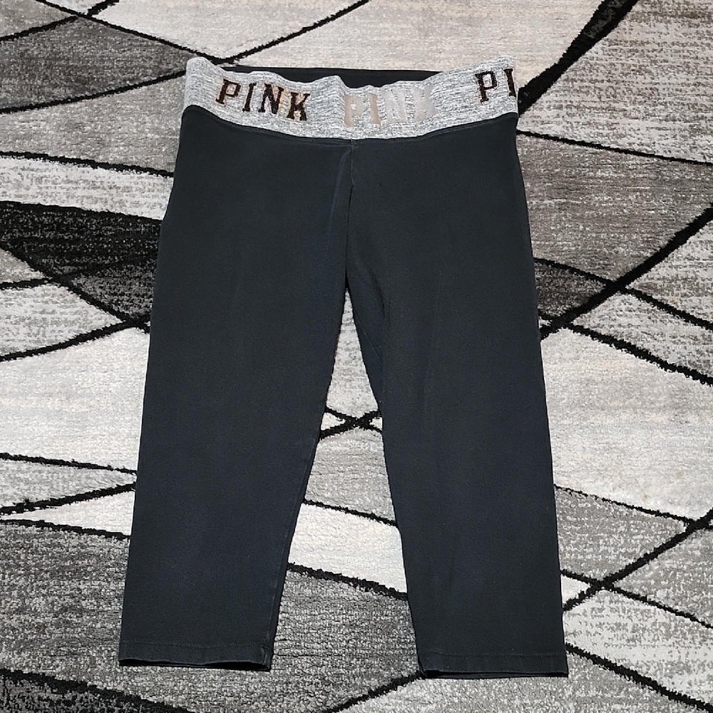 VS PINK 2016 BLACK SEQUINS SILVER SHINE YOGA CAPRI LEGGINGS